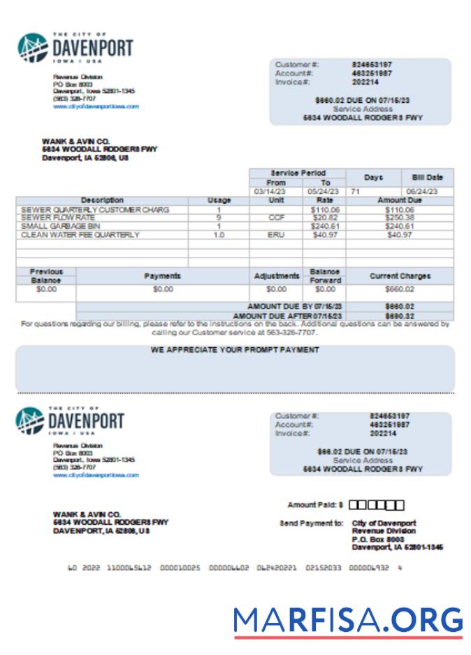 Realistic Iowa City of Davenport utility business bill, Word and PDF template scr